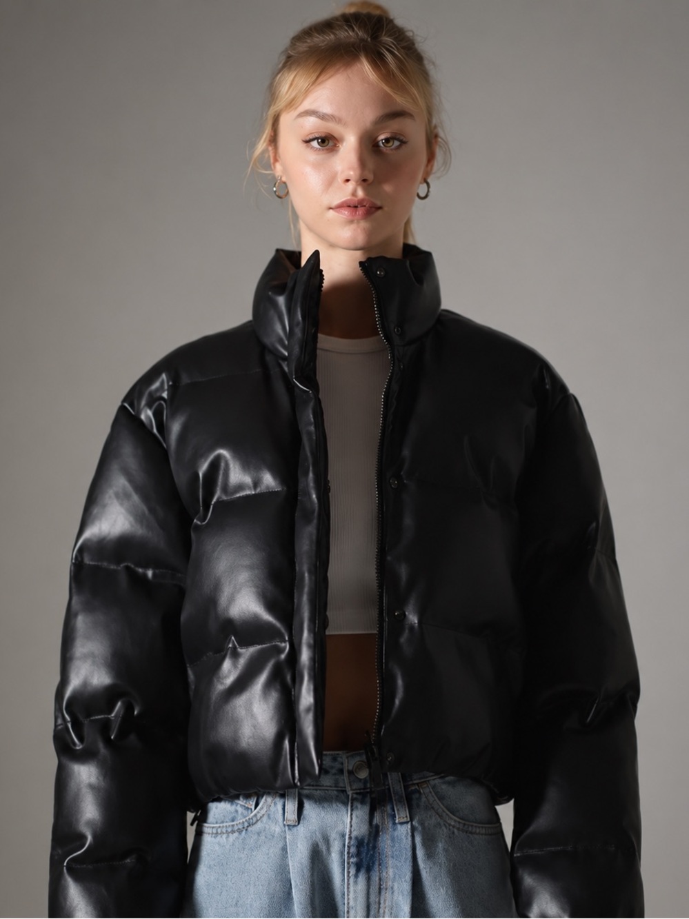 Grey Lab Nordstrom Crop Puffer Jacket Black XS NWT
